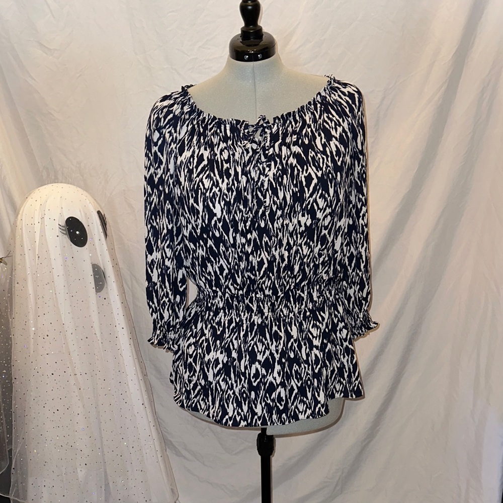 Alfani Navy and White Patterned Blouse